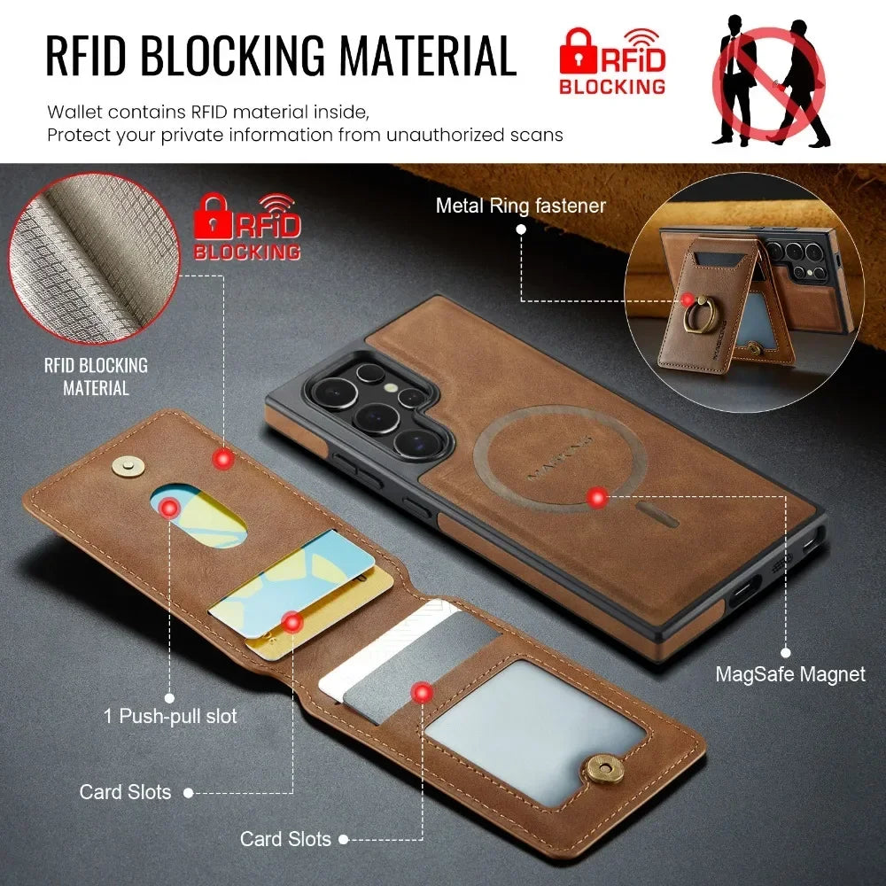 Portefeuille magnétique détachable 2 en 1 avec porte-carte, étui de téléphone pour Samsung Galaxy S25 Edge S24 Plus S23 Ultra Ring, housse en cuir