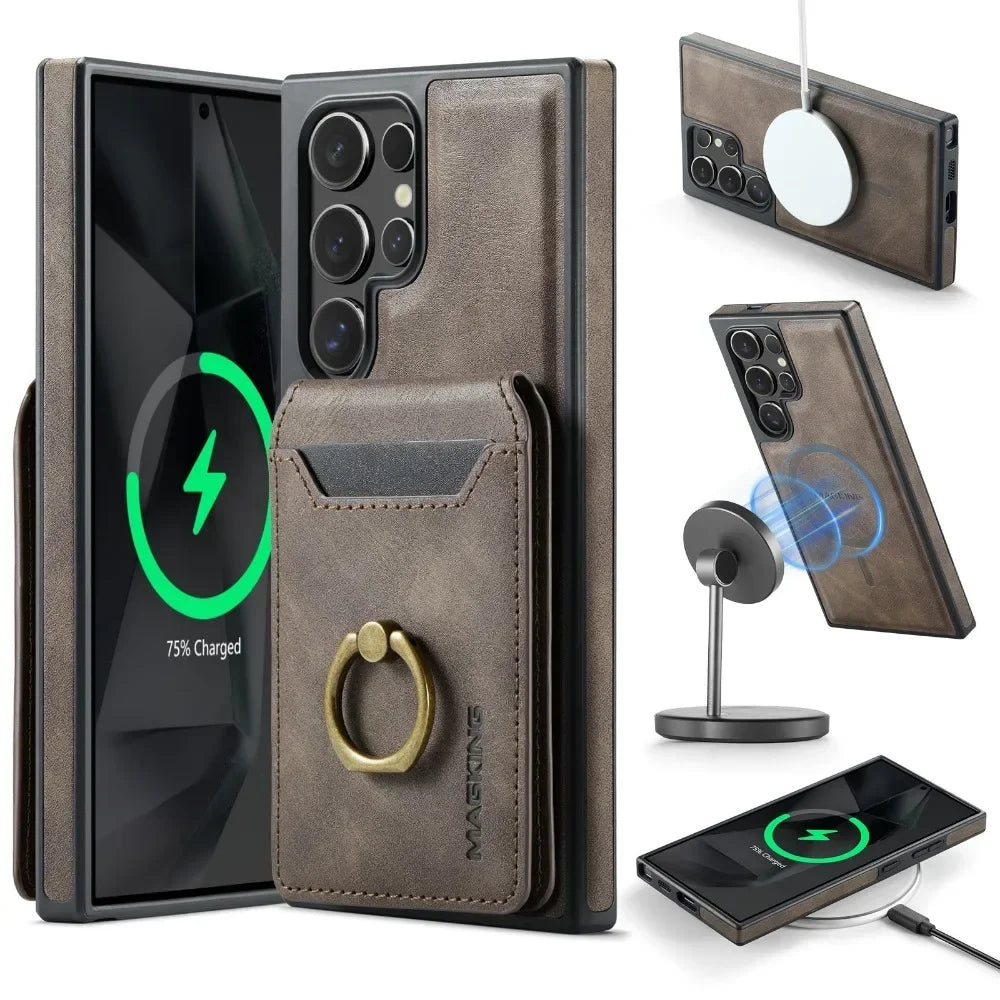 Portefeuille magnétique détachable 2 en 1 avec porte-carte, étui de téléphone pour Samsung Galaxy S25 Edge S24 Plus S23 Ultra Ring, housse en cuir