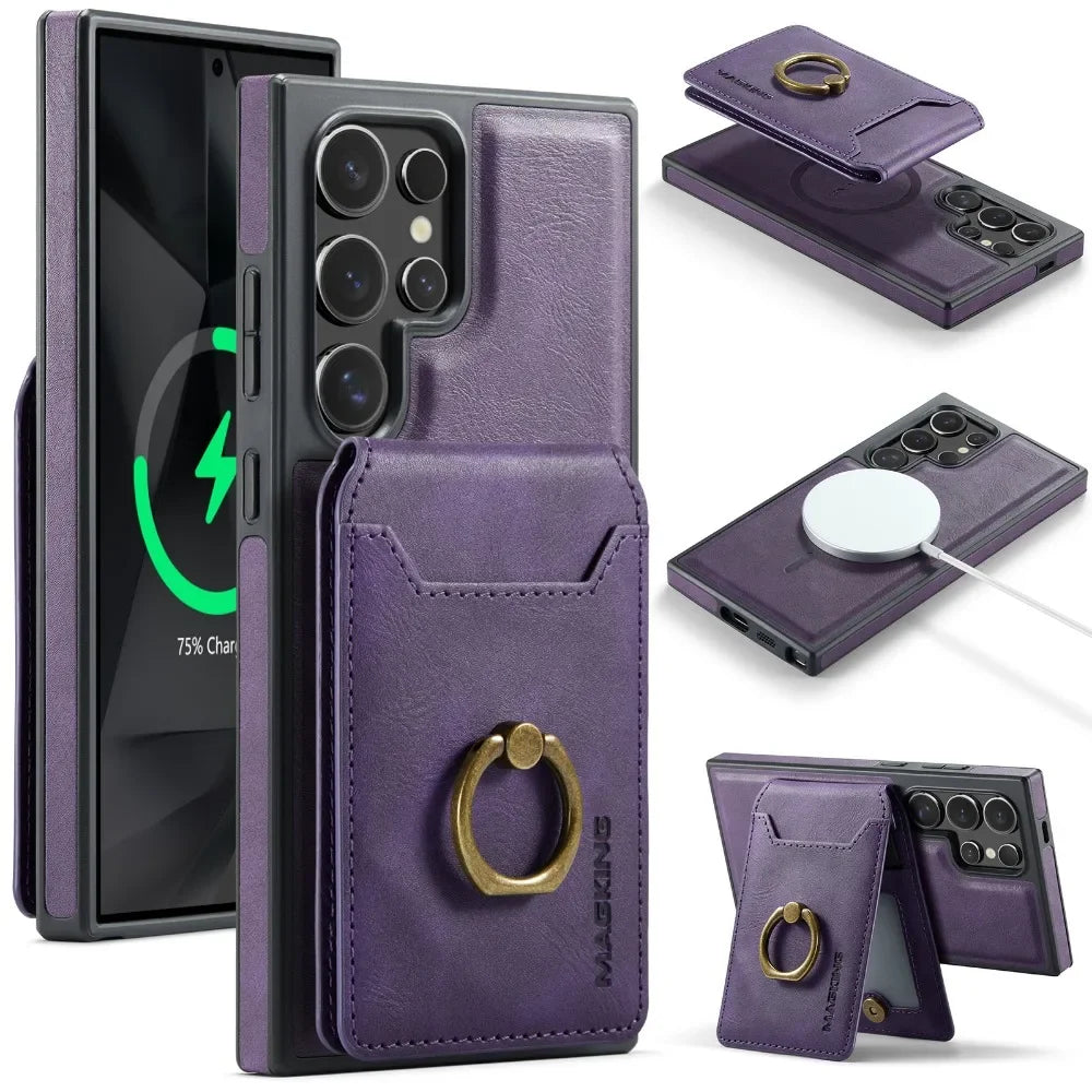 Portefeuille magnétique détachable 2 en 1 avec porte-carte, étui de téléphone pour Samsung Galaxy S25 Edge S24 Plus S23 Ultra Ring, housse en cuir