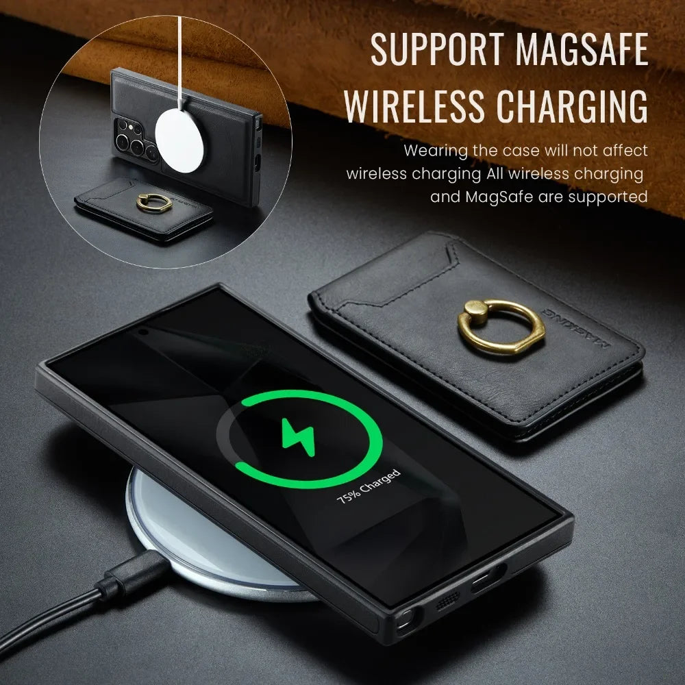 Portefeuille magnétique détachable 2 en 1 avec porte-carte, étui de téléphone pour Samsung Galaxy S25 Edge S24 Plus S23 Ultra Ring, housse en cuir
