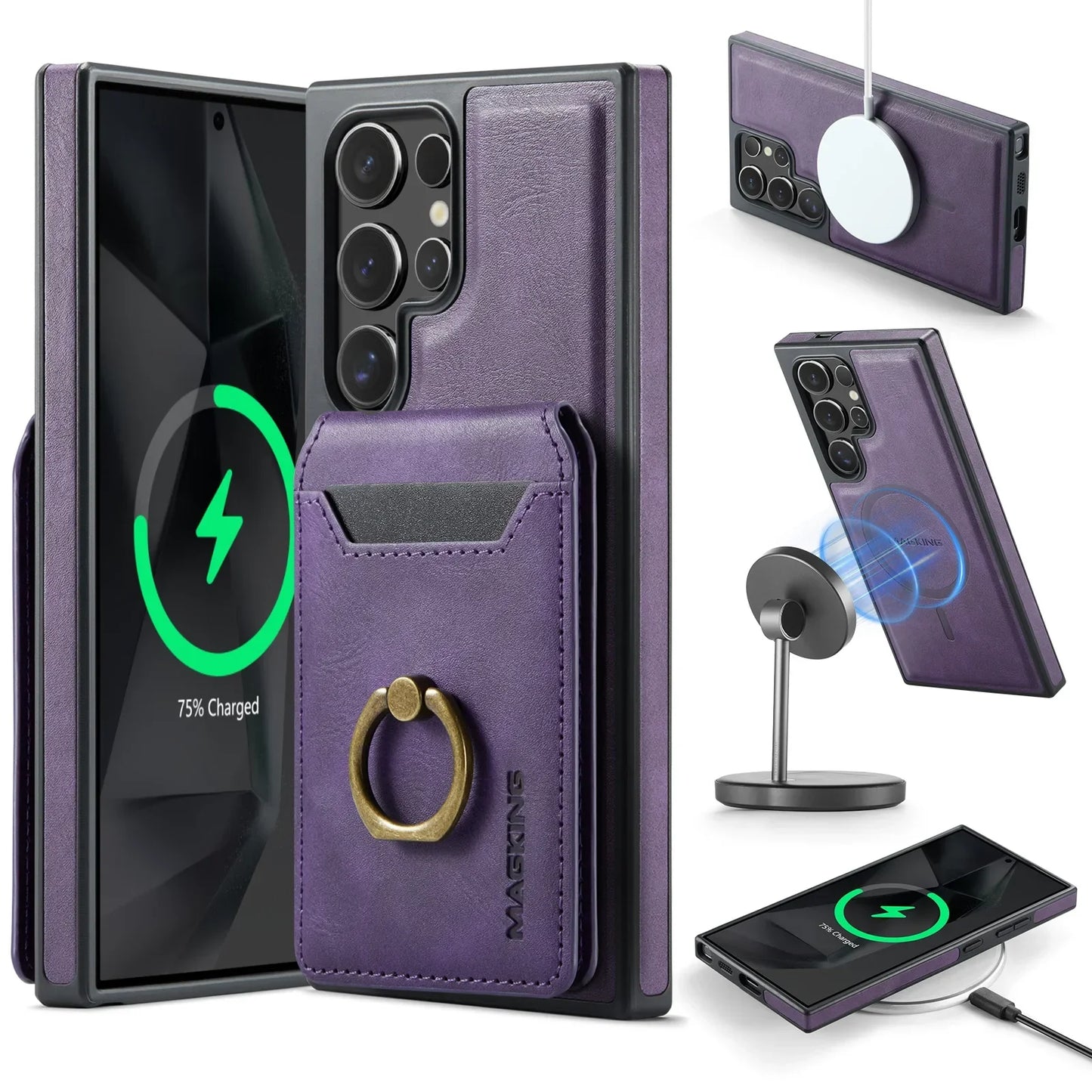 Portefeuille magnétique détachable 2 en 1 avec porte-carte, étui de téléphone pour Samsung Galaxy S25 Edge S24 Plus S23 Ultra Ring, housse en cuir