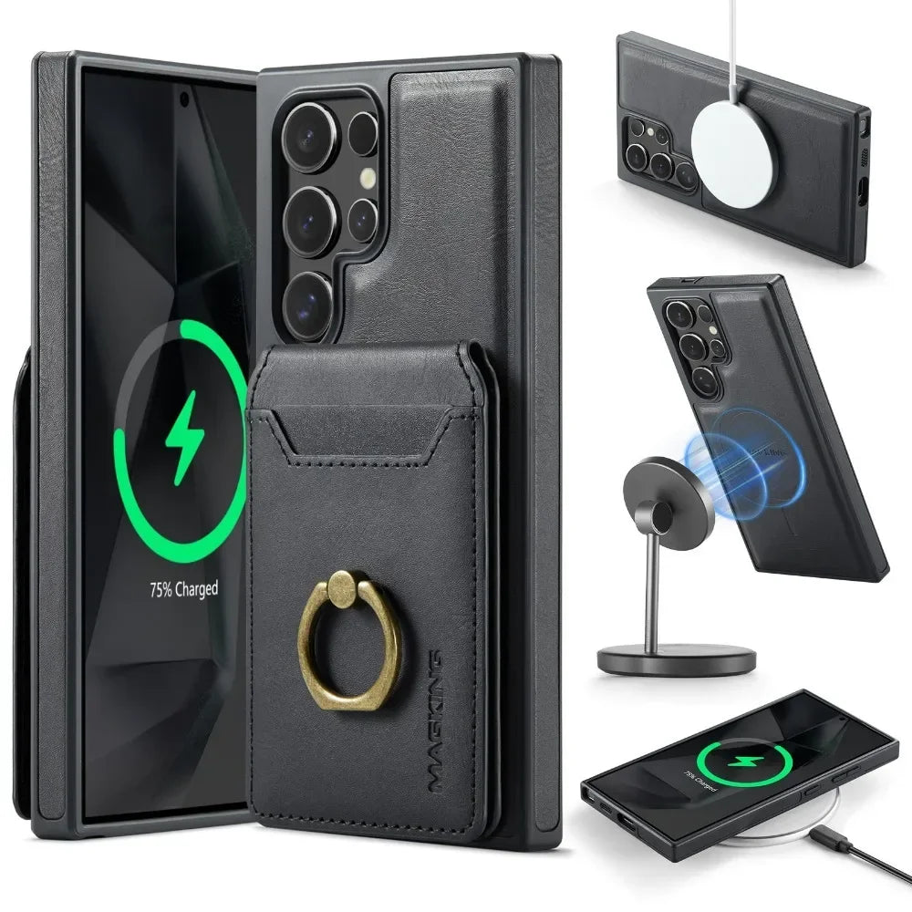 Portefeuille magnétique détachable 2 en 1 avec porte-carte, étui de téléphone pour Samsung Galaxy S25 Edge S24 Plus S23 Ultra Ring, housse en cuir