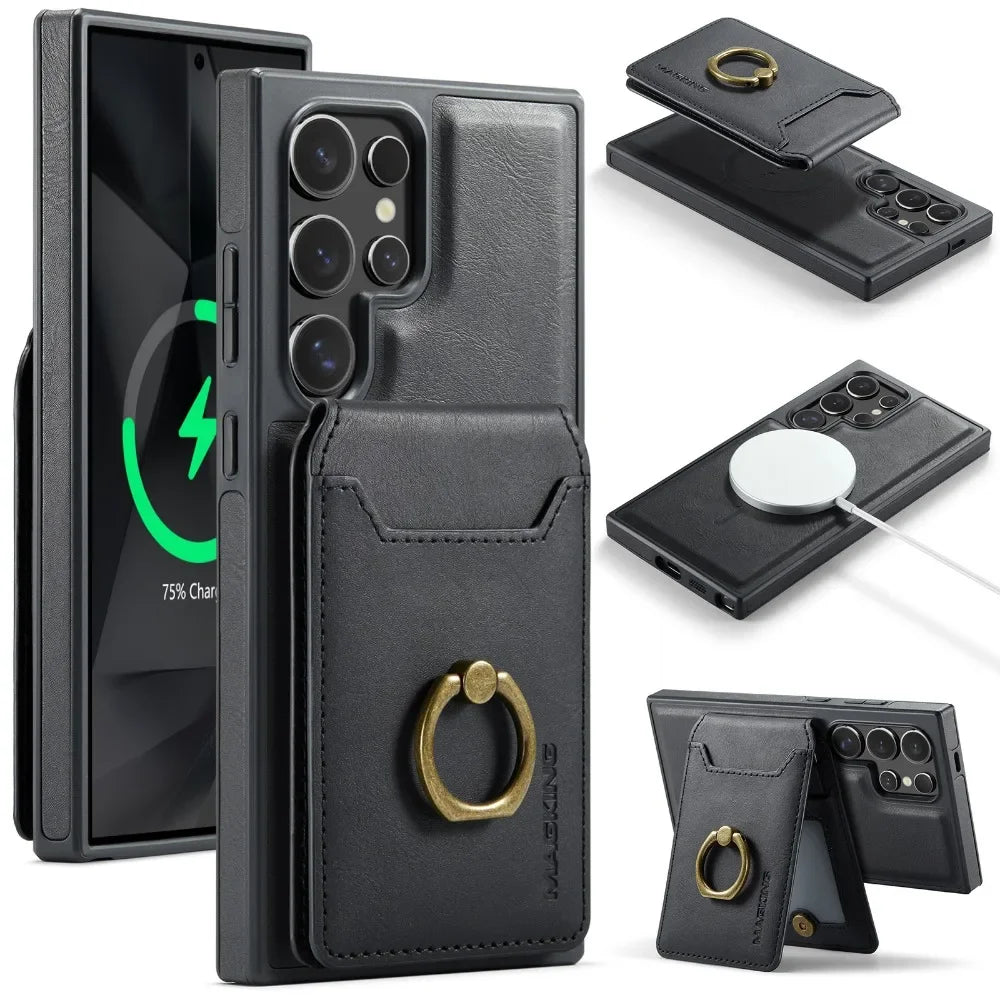 Portefeuille magnétique détachable 2 en 1 avec porte-carte, étui de téléphone pour Samsung Galaxy S25 Edge S24 Plus S23 Ultra Ring, housse en cuir