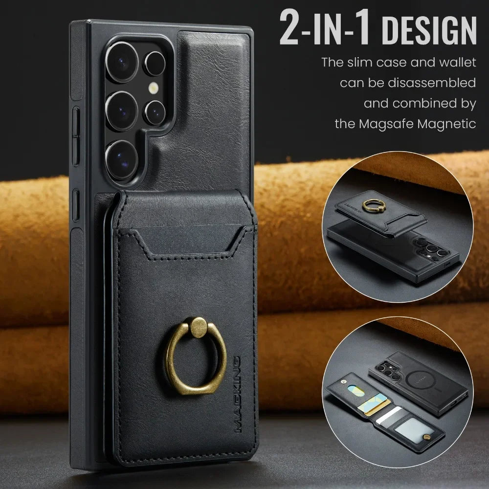 Portefeuille magnétique détachable 2 en 1 avec porte-carte, étui de téléphone pour Samsung Galaxy S25 Edge S24 Plus S23 Ultra Ring, housse en cuir