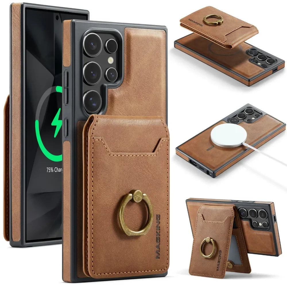 Portefeuille magnétique détachable 2 en 1 avec porte-carte, étui de téléphone pour Samsung Galaxy S25 Edge S24 Plus S23 Ultra Ring, housse en cuir