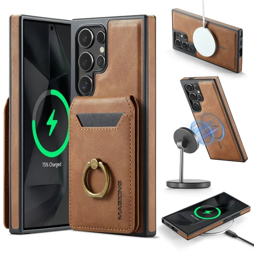 Portefeuille magnétique détachable 2 en 1 avec porte-carte, étui de téléphone pour Samsung Galaxy S25 Edge S24 Plus S23 Ultra Ring, housse en cuir