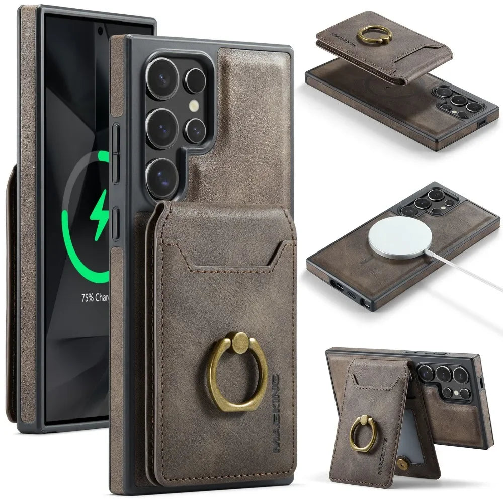 Portefeuille magnétique détachable 2 en 1 avec porte-carte, étui de téléphone pour Samsung Galaxy S25 Edge S24 Plus S23 Ultra Ring, housse en cuir