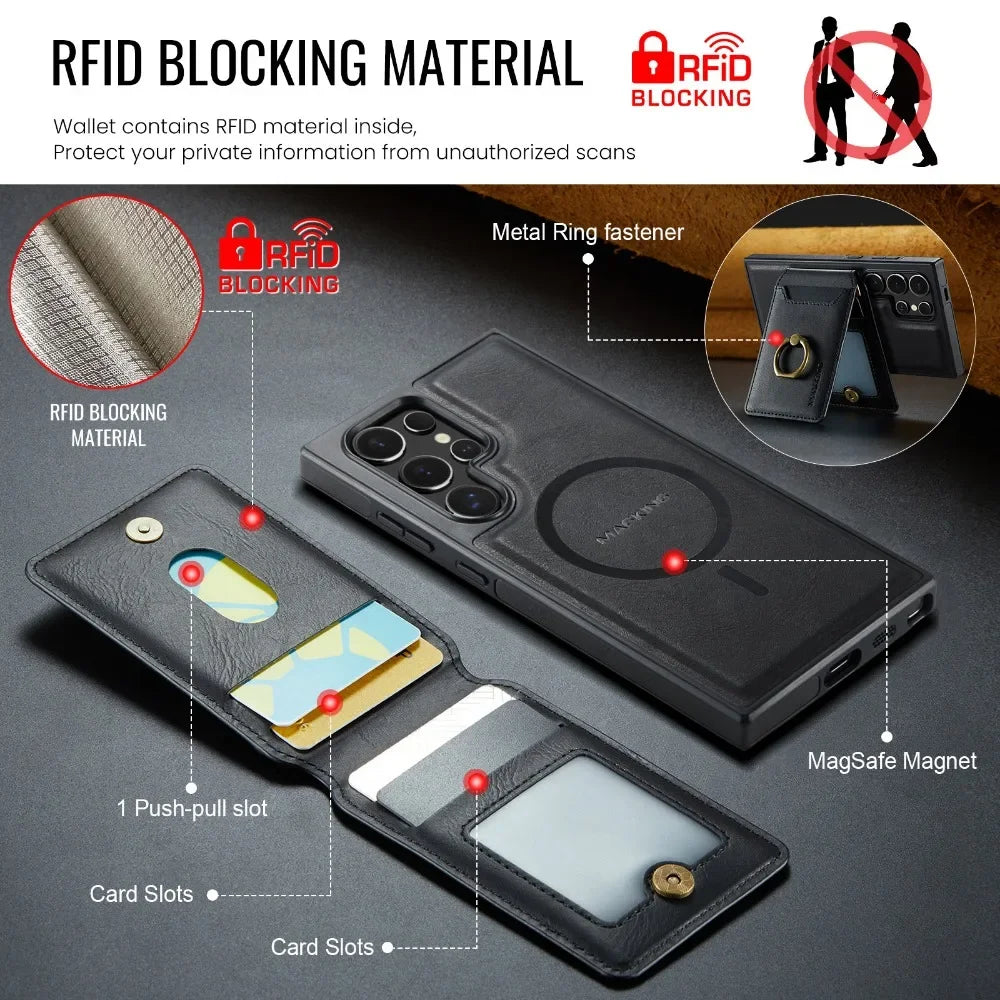 Portefeuille magnétique détachable 2 en 1 avec porte-carte, étui de téléphone pour Samsung Galaxy S25 Edge S24 Plus S23 Ultra Ring, housse en cuir