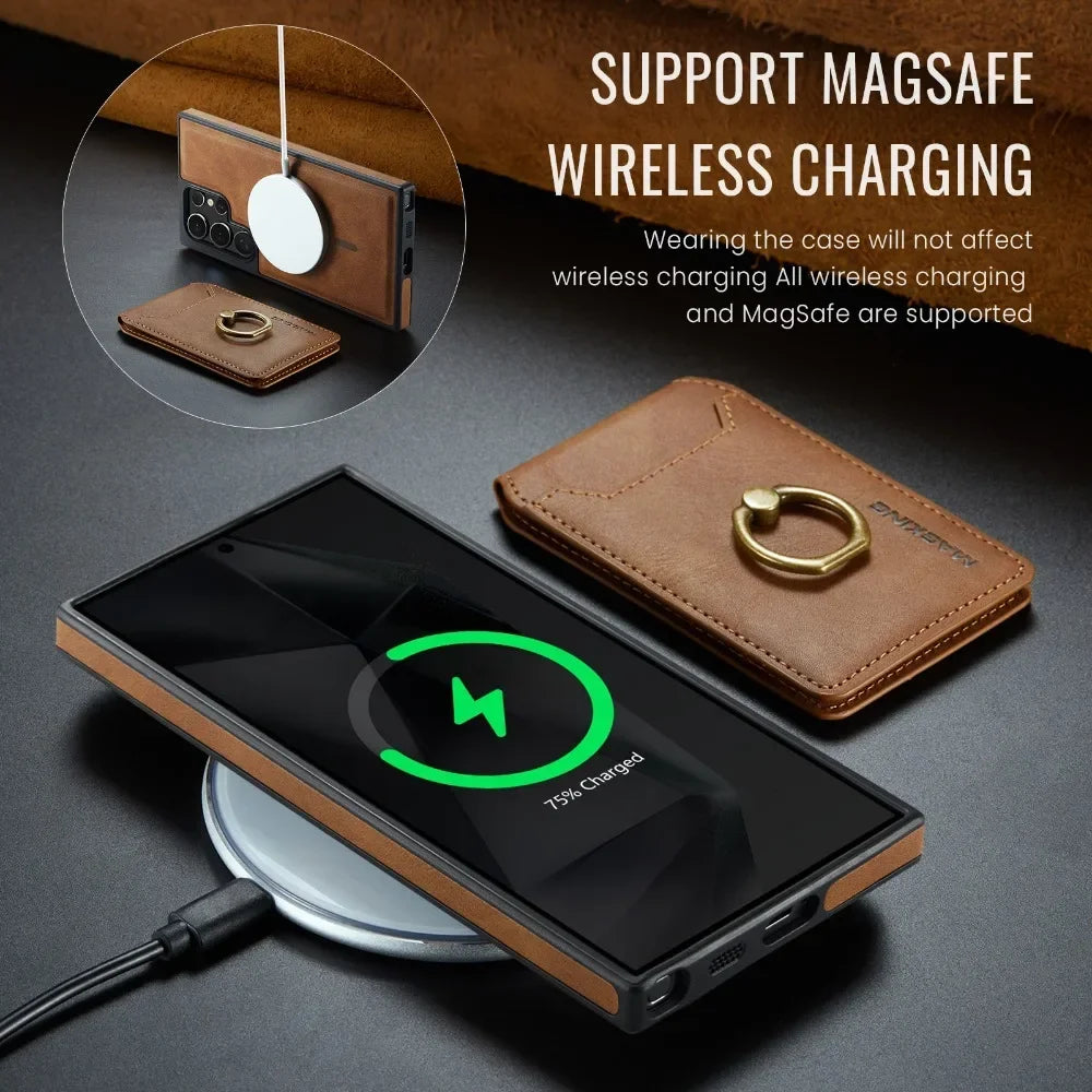 Portefeuille magnétique détachable 2 en 1 avec porte-carte, étui de téléphone pour Samsung Galaxy S25 Edge S24 Plus S23 Ultra Ring, housse en cuir