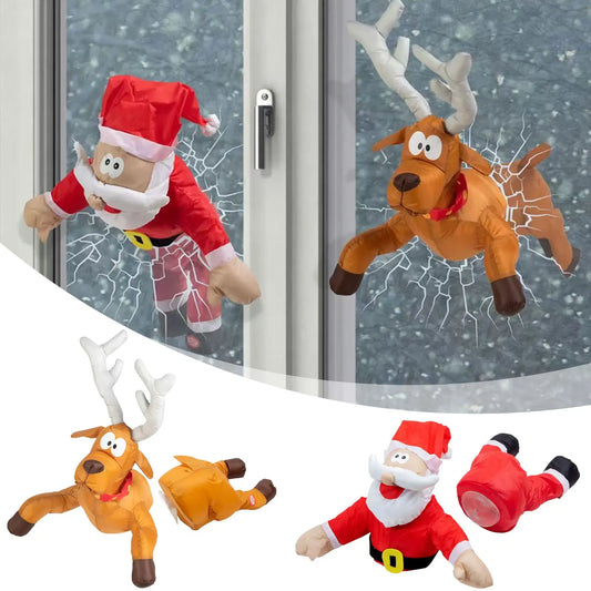 Décorations de fenêtre de noël animées de noël de renne en casse, décor de fenêtre de père noël en plein air, les jambes bouchées